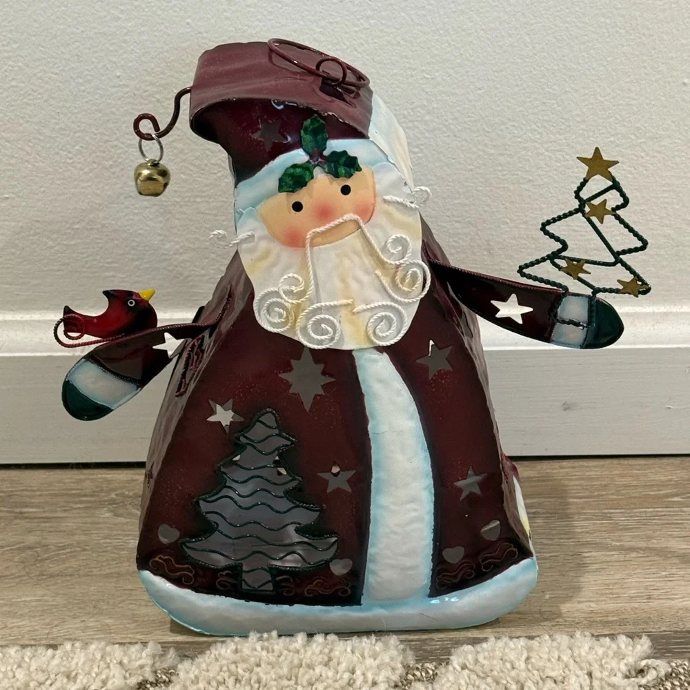 New Kohls Metal Santa Tealight Candle Holder Red Cardinal Star Cutouts